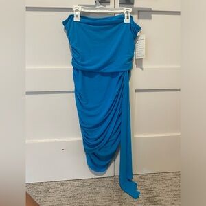 Blue Elegant Women’s Strapless Dress with Drape side